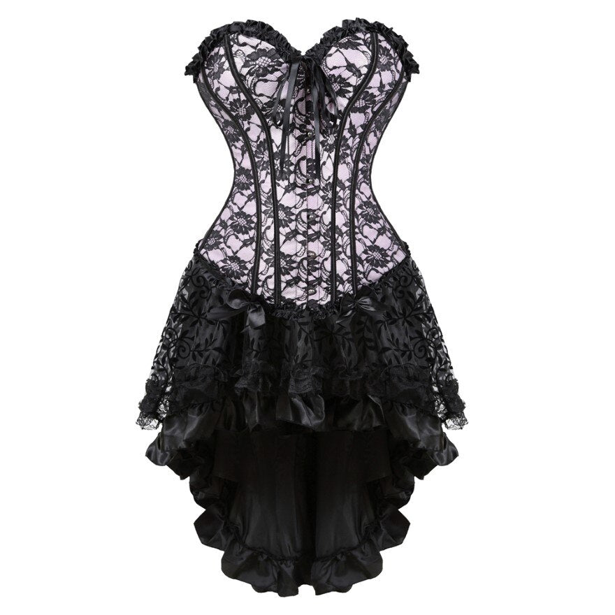 Women Sexy Floral Lace Overlay Corset Dress Victorian Vintage Overbust Corset Top With Gothic Asymmetrical High Low Skirt Set