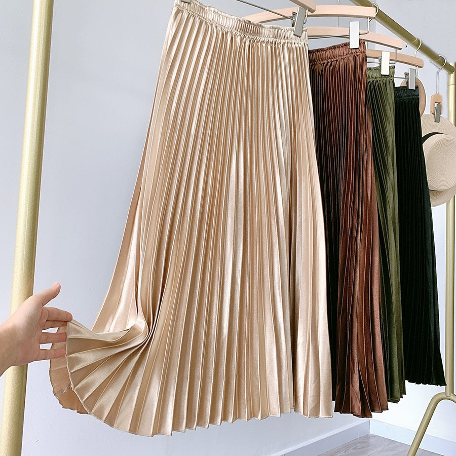 Office Lady Elegant Satin Pleated Skirt Women Elastic High Waist Midi Long Skirt