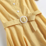 2021 Solid Turn-Down Collar Buttons Yellow Vintage 50s Plaid Midi Shirt Dresses for Women Elegant Summer Belted Retro Clothes