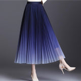 Summer Gradient Pattern A-line Pleated Long Women Tulle Skirt Streetwear Elegant Elastic Waist Midi Skirt