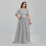 Sparkle Long A-Line O-Neck Short Sleeve Formal Evening Dress Women Elegant Gowns Sequined Tulle Vestido