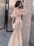 Tulle Flared Sleeve Evening Party Dress Elegant Mermaid Embroidery Evening Dress Formal Occasion Women Dress Long Robe Gowns