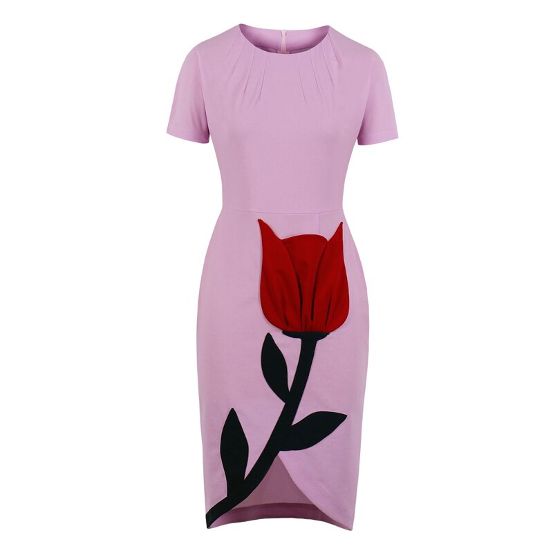 Floral Elegant Bodycon Pencil Dress Short Sleeve High Waist Asymmetric Hem Vintage Women Summer Dresses