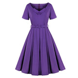 Tonval Purple Elegant V Neck High Waist Belted Vintage Pleated Midi Dress