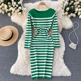 Autumn Winter Midi Round Neck Long Sleeve Elegant Striped Knitted Dress Sexy Bodycon Dress