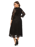 V Neck Lace Dress Black Burgundy A Line Party Dress Plus Size Women Formal Evening Tea Length Dress Three Quarter Sleeve Robes