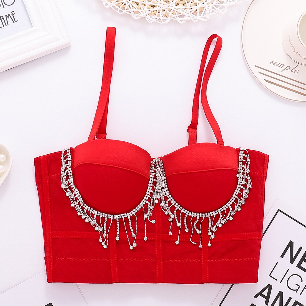 Sexy Beaded Tassel Rhinestone Women Camis Cropped Top Corset Crop Top To Wear Out Push Up Bustier Bra