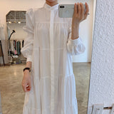 Stand Collar White Shirt Dress Long Puff Sleeve Tiered Gathered Loose Casual Midi Dress