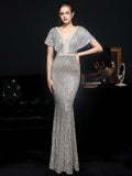 Elegant Evening Dress New Women Sliver Sequin Dress V Neck Beaded Party Maxi Dress