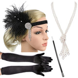 4 Pcs/Set 1920s Great Gatsby Party Costume Accessories Set Flapper Feather Headband Pearl Necklace Gloves Cigarette Holder