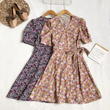 Beach Vintage Floral Print Wrap Dress Belted V Neck Short Puff Sleeve Mini Dress