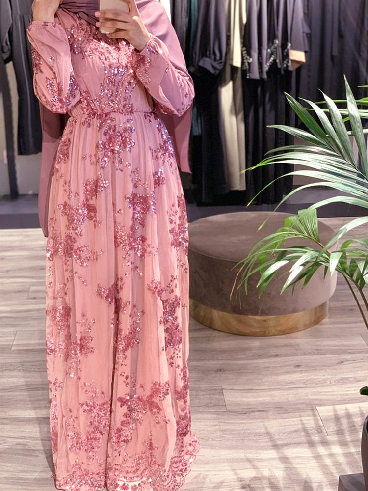 Southeast Asia Middle East Dubai Evening Dress Embroidered Sequins Chiffon Robe Full-sleeve V-neck Party Dress
