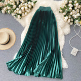 High Waist Long Women Elegant Office Lady Metallic Satin Maxi Pleated Skirt