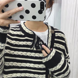 Autumn Women Coat Irregular Single-breasted Stripe Knit Vintage Casual Cardigans Sweaters Outwear