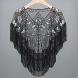 Women 1920s Sequined Shawl with Tassels Beaded Pearl Fringe Sheer Mesh Wraps Gatsby Flapper Bolero Cape Cover Up