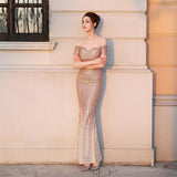 Gold Gradient Color Mermaid Evening Dress Elegant Off Shoulder Formal Party Gown Shinning Sequin Occasion Dress