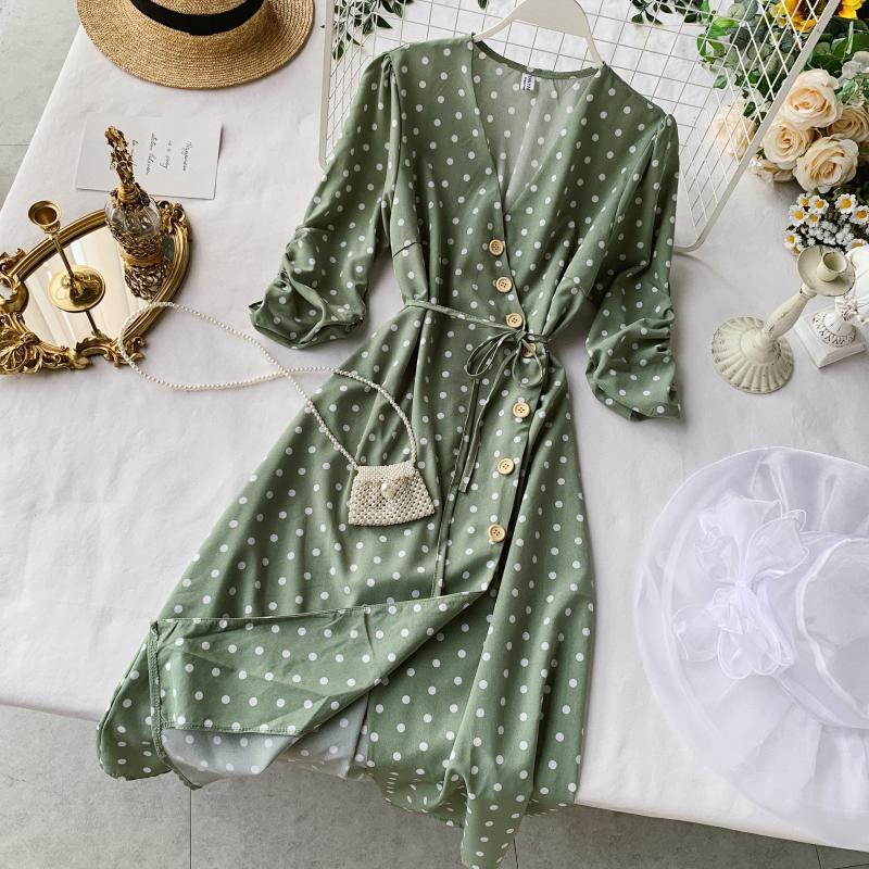 Elegant Vintage Polka Dot Dress V Neck Ruched Half Sleeve Button Summer Casual Midi Wrap Dress