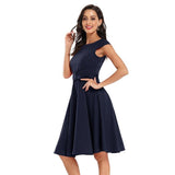 Elegant Bow High Waist Vintage Summer Swing Cap Sleeve 50s Style Casual Solid Midi Dress