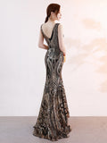 Asymmetrical Floor-Length Tulle Sequins V-Neck Sleeveless Party Embroider Vestidoes Formal Dress