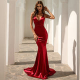 Women Sexy Spaghetti Straps V-neck Evening Dress Satin Back Strap Mermaid Solid Backless Long Party Dress