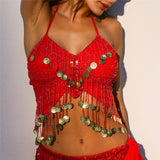 V-Neck Halter Sequin Beaded Tassel Butterfly Top Back Lace-Up Belly Dance Cami Festival Club Crop Top Outfits