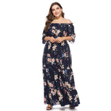 Navy Blue Floral Print Women Plus Size Summer Boho Off Shoulder Long Maxi Beach Party Bohemian Dresses