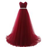 Burgundy Ball Gown Evening Dress Floor Length Tutu Pearls Beaded Abendkleider Fantastic Formal Dress Sweetheart Neck A-line Robe