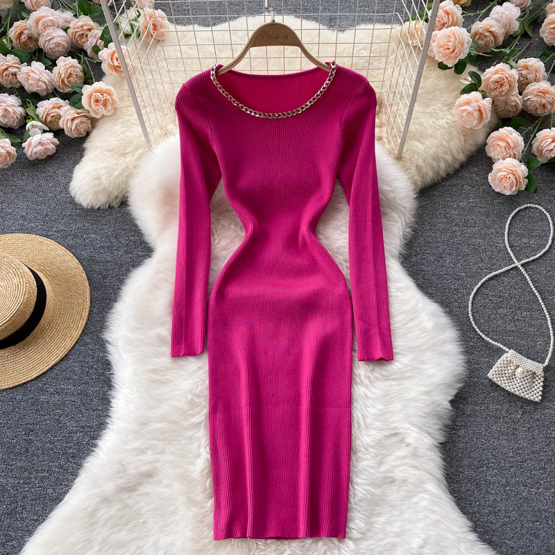 Autumn Winter Long Sleeve Ribbed Knitted Dress Round Neck Chain Night Club Sexy Bodycon Dress
