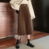 Ladies Elegant A-line Pleated Skirts Korean Style Vintage Woolen Women High Waist Long Skirt