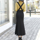 High Waist Elegant Vintage Long Women Spring Summer Trumpet Hem Straps Black Maxi Skirts