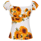 2021 Summer Women Vintage 50s Pinup Blouse White Sunflower Print Elastic-Neck Shirt Plus Size Retro Vintage 40s 50s 60s Clothing