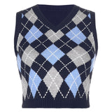 2021 School Y2K Sweaters Plaid Patched Knitwear Sleeveless V Neck Knitted Tank Top Preppy Style Pullovvers Crop Top Autumn Women