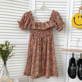 Vintage Floral Print Summer Vacation Beach Dress Ruffle Square Neck Short Puff Sleeve Casual Mini Dress