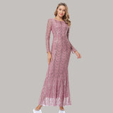 Autumn Winter O-Neck Wave Sequins See Though Women Maxi Dresses Elegant Long Sleeve Female Party Dresses Black Silver Pink