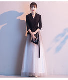 Tailored Collar V-neck Formal Black Long-sleeve Tulle A-line Occasion Evening Gowns Burgundy Dress