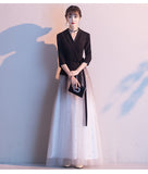 Tailored Collar V-neck Formal Dress Black Long-sleeve Tulle A-line Occasion Evening Dress Women Gowns Burgundy Dress