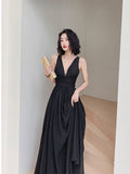 Black Cocktail Dress Sexy Deep V-neck Backless Party Gowns High Waist Big A-line Prom Dress Chiffon Vestioes Robe