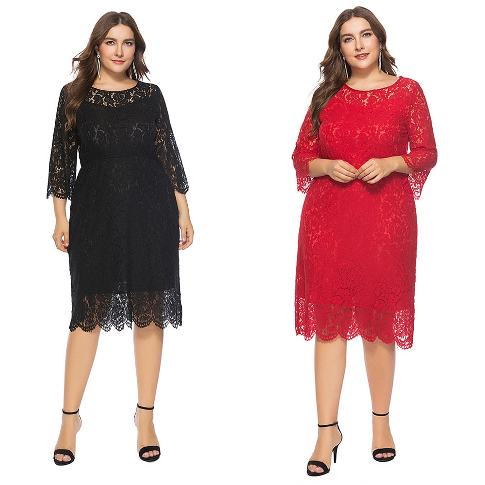 Black Formal Lace Dress Women O-neck Plus Size 6XL Elegant Red Cut Out Lace Vestioes Three Quarter Sleeve Party Evening Dresses