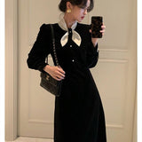 Autumn Women Elegant Midi Dress A-Line Bow Collar Long Sleeve Pearl Buttons Casual Party Dress