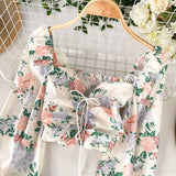 2021 Bohemian Korean Fashion Women Crop Tops Flower Print Square Neck Stretch Slim Shirt Puff Long Sleeve Short Bandage Blouse