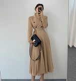 Autumn Women Elegant Pleated Shirt Dresses Full Sleeve Slim Double Breasted Sashes Dress Chic Female Office Lady Maxi Vestidos