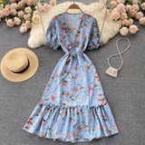 V Neck Short Puff Sleeve Floral Print Beach Summer Dress Ruffle Hem Elegant Midi Wrap Dress