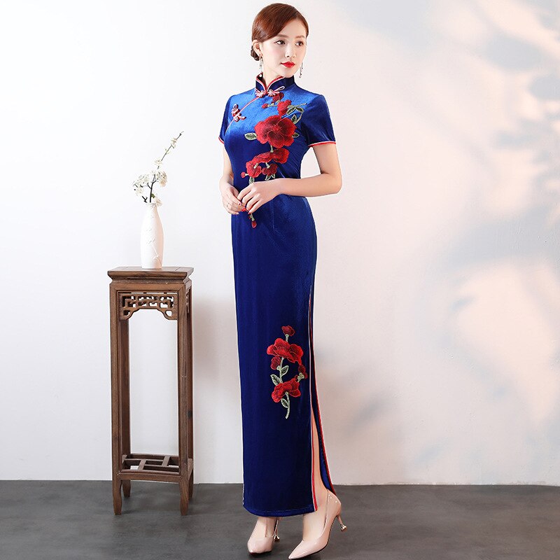 Chinese Cheongsam Short Sleeve High Neck Formal Women Side Split Velour Evening Dresses