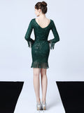 V-neck Evening Dress Three Quarters Of Sleeve Prom Gown Tassels Formal Dress Sequins Robe