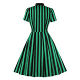 Bow Tie Neck Green Striped Vintage Robe Button Up Elegant Lady Cotton Plus Size Retro Dress