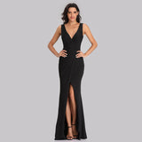 New Black Mermaid Evening Dress Gown Elegant Sexy V-neck Pleated Waist High Slit Taffta Banquet Dinner Prom Party Dress