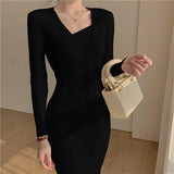 Fall Winter Midi Dresses For Women Elegant V Neck Long Sleeve Casual Chic Ribbed Knitted Dress Sexy Bodycon Dress