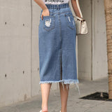 Women Denim Irregular Ripped Hole Midi Long Jeans Maxi Skirt