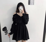 Emo Alt Women Black Dress Plus Size 4XL Lace Up Aesthetic Harajuku High Waist Femme Off Shoulder Long Sleeve Mini Gothic Dresses