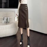 Ladies Elegant Pencil Skirts Spring Korean Style Solid Color Vintage Woolen Women High Waist Long Skirt